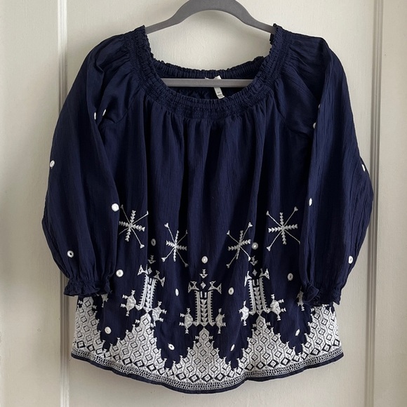 Joie Kistine 100% Cotton Navy Blue & White Embroidered Blouse Peasant Top XS - Picture 2 of 14